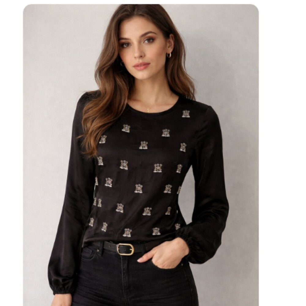 Miri Sweater Embellished Gems Sheer Sleeves Stones XS Black Silver